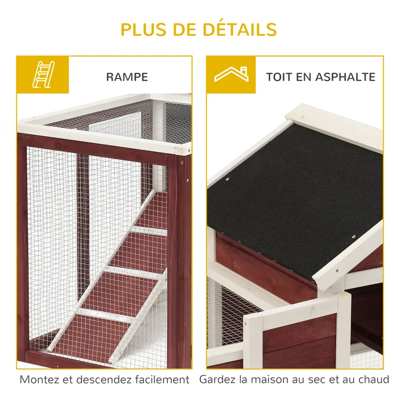 Clapier pour lapins avec enclos extérieur 123,5 x 62,6 x 92,5 cm niche surélevée plateau rustique en bois rouge brique 21_0007870