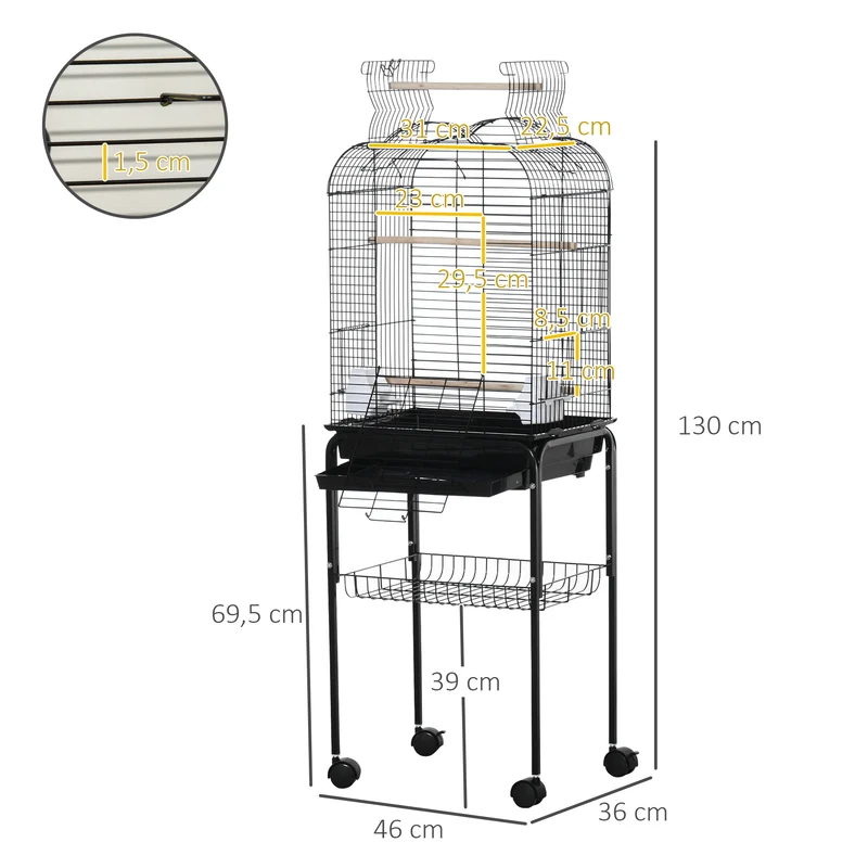 Cage à oiseaux sur roulettes 46 x 36 x 130 cm avec toit ouvrant et tiroir amovible étagère moderne épuré en acier noir 21_0007575