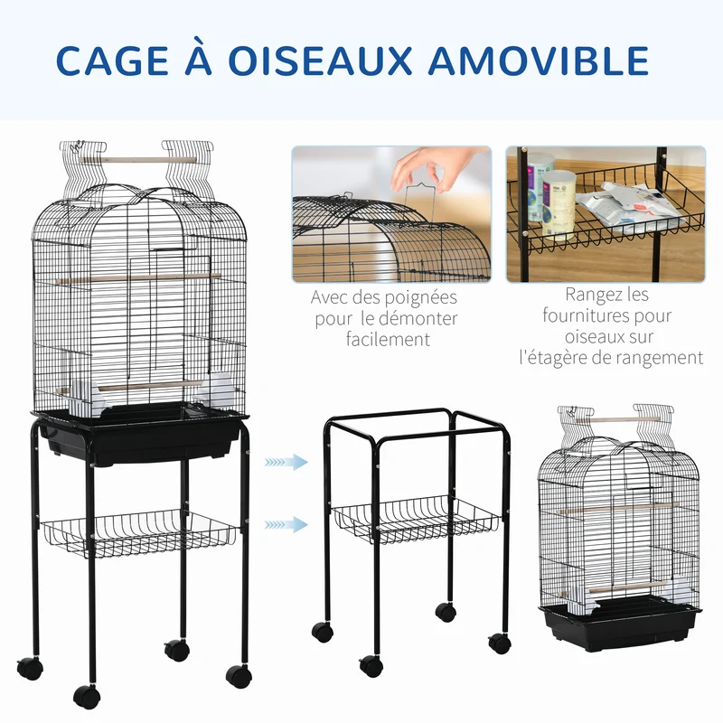 Cage à oiseaux sur roulettes 46 x 36 x 130 cm avec toit ouvrant et tiroir amovible étagère moderne épuré en acier noir 21_0007575