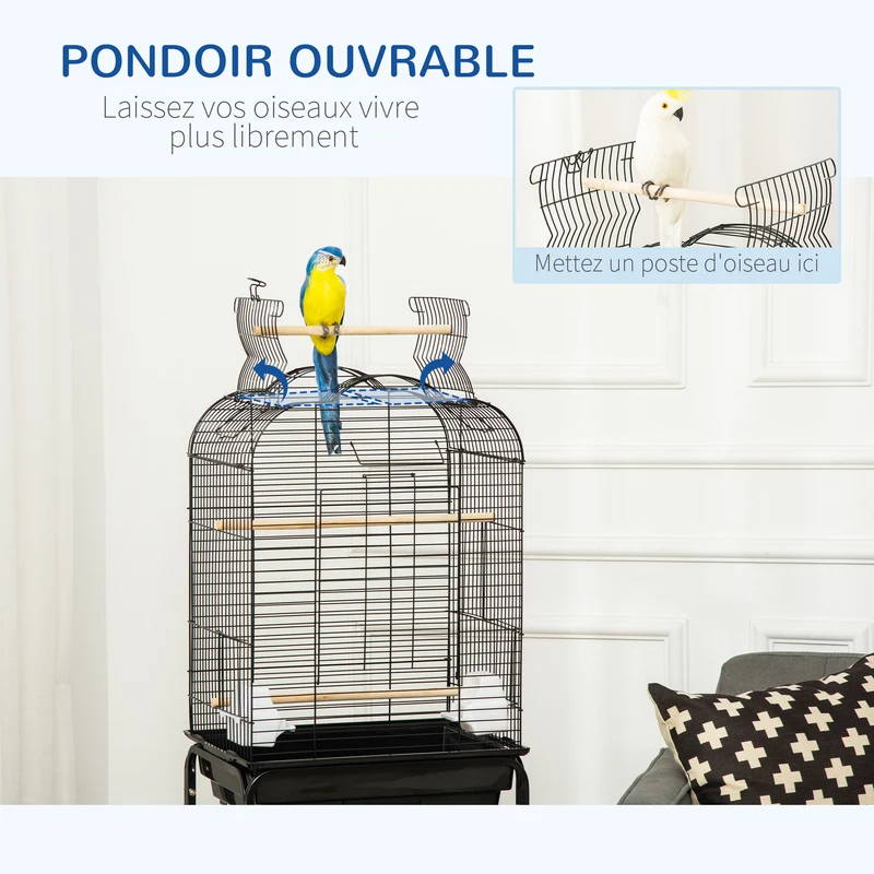 Cage à oiseaux sur roulettes 46 x 36 x 130 cm avec toit ouvrant et tiroir amovible étagère moderne épuré en acier noir 21_0007575