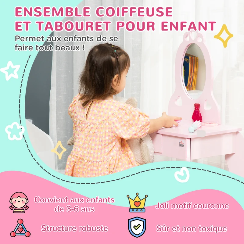 Coiffeuse enfant miroir ovale 60 x 36 x 88 cm tiroir rangement assise tabouret confort décoratif tendance en MDF rose 21_0000142