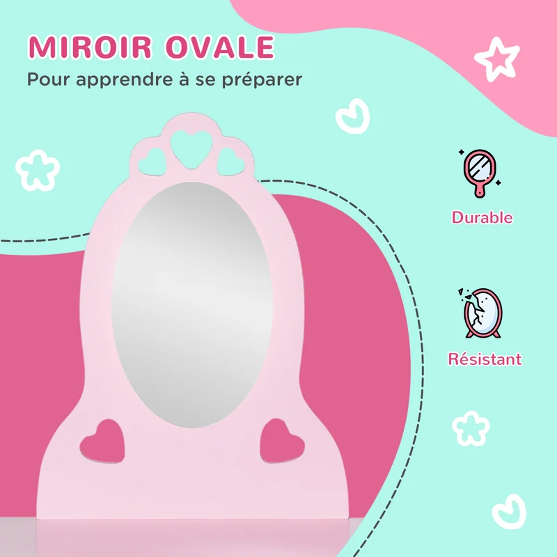 Coiffeuse enfant miroir ovale 60 x 36 x 88 cm tiroir rangement assise tabouret confort décoratif tendance en MDF rose 21_0000142
