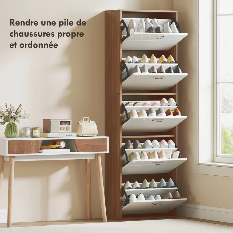 Armoire à chaussures entrée 60 x 28 x 189 cm 5 portes abattantes séparation réglable moderne optimisé en panneaux blanc 21_0001710