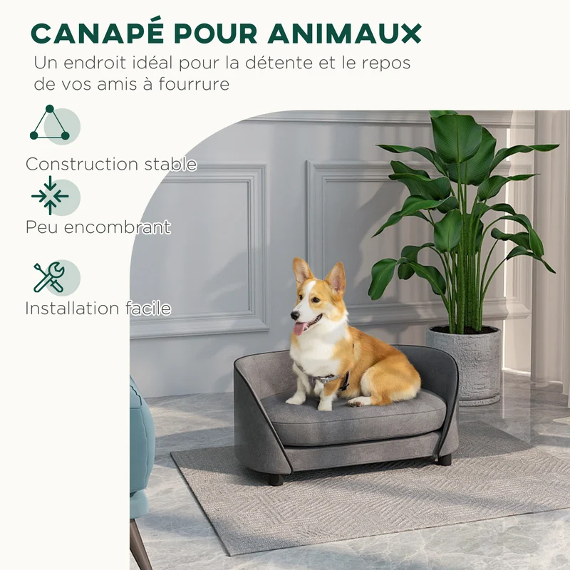 Canapé pour chien et chat petit à moyen 67 x 43 x 31 cm coussin moelleux housse lavable moderne épuré en velours gris 21_0007369