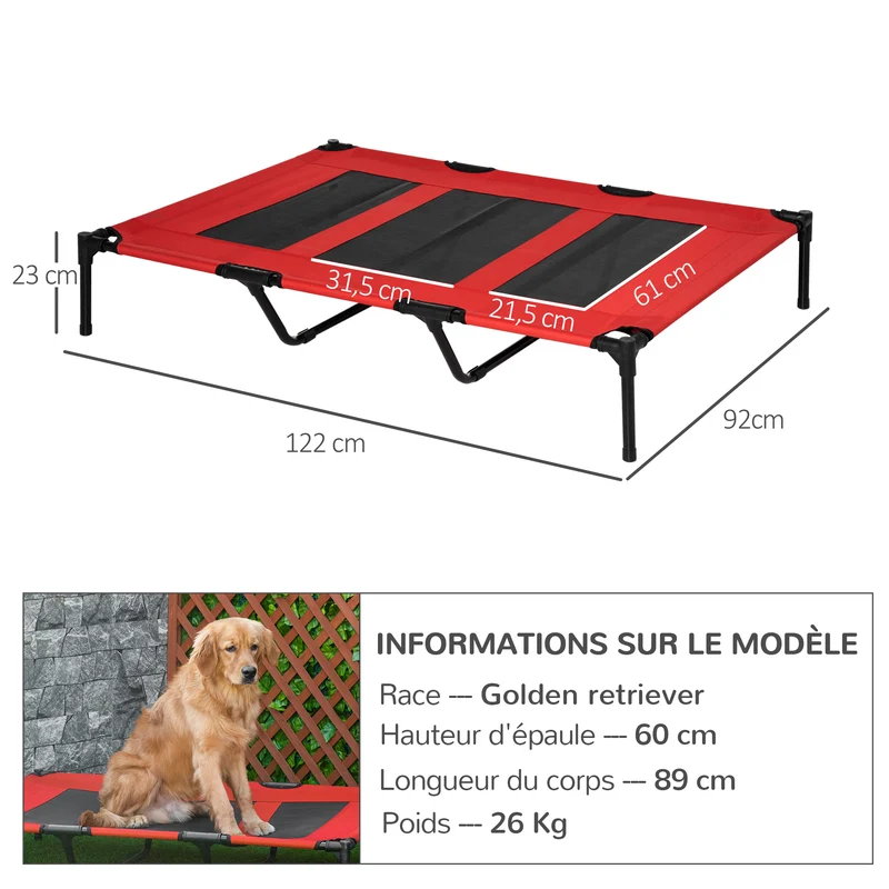 Lit sur pieds pour chien chat xxl 122 x 92 x 23 cm ventilé anti-humidité extérieur intérieur moderne en textilène rouge 21_0007342