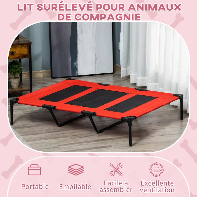Lit sur pieds pour chien chat xxl 122 x 92 x 23 cm ventilé anti-humidité extérieur intérieur moderne en textilène rouge 21_0007342
