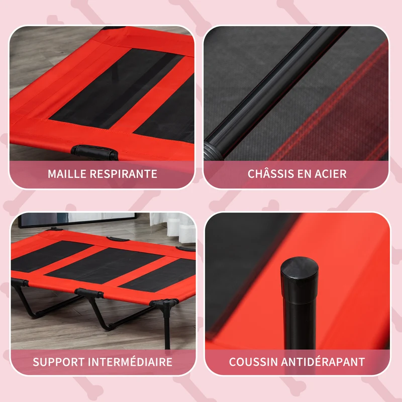Lit sur pieds pour chien chat xxl 122 x 92 x 23 cm ventilé anti-humidité extérieur intérieur moderne en textilène rouge 21_0007342