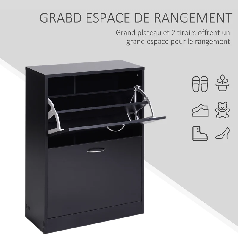 Armoire à chaussures entrée 60 x 24 x 80 cm 2 abattants séparation réglable idéal entrée moderne épuré en mélaminé noir 21_0001701