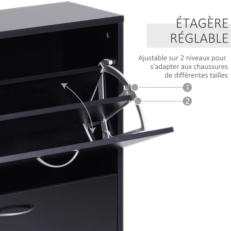 Armoire à chaussures entrée 60 x 24 x 80 cm 2 abattants séparation réglable idéal entrée moderne épuré en mélaminé noir 21_0001701