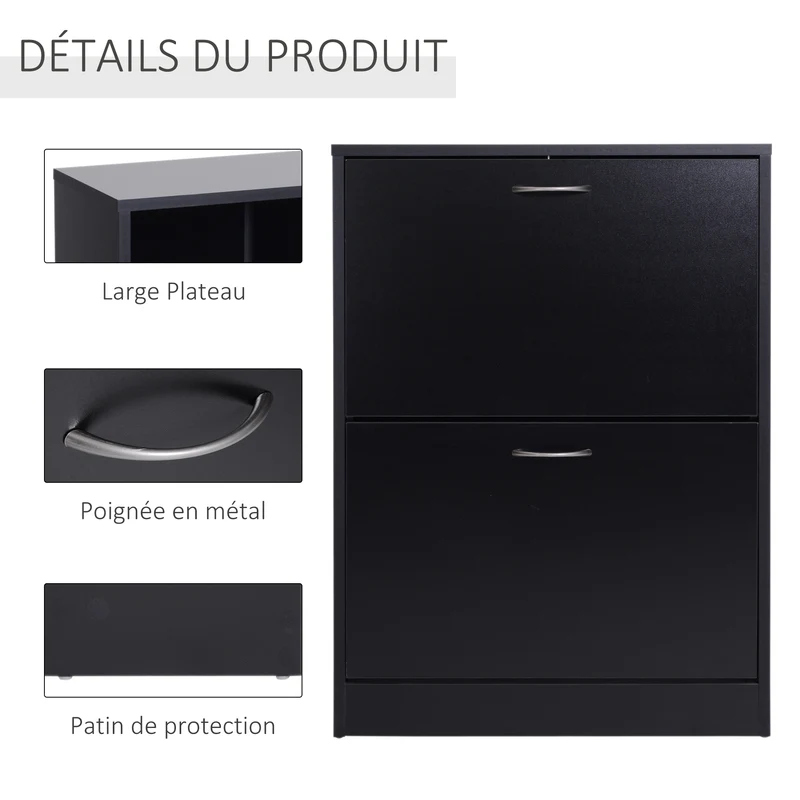 Armoire à chaussures entrée 60 x 24 x 80 cm 2 abattants séparation réglable idéal entrée moderne épuré en mélaminé noir 21_0001701