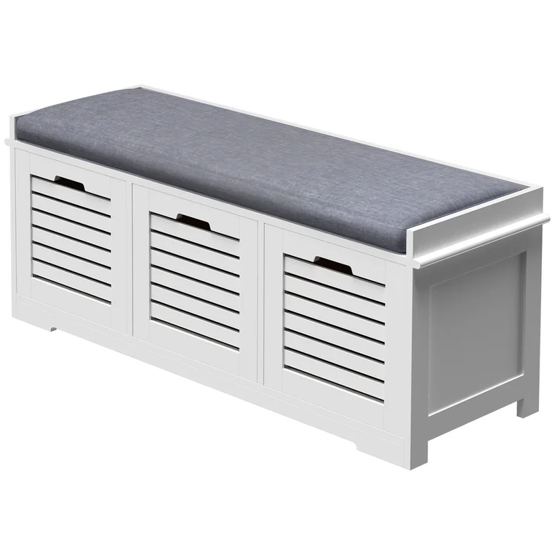Banc à chaussures d'entrée 108 x 35 x 43 cm rangement 3 tiroirs assise rembourrée housse lavable scandinave en MDF blanc 21_0002613