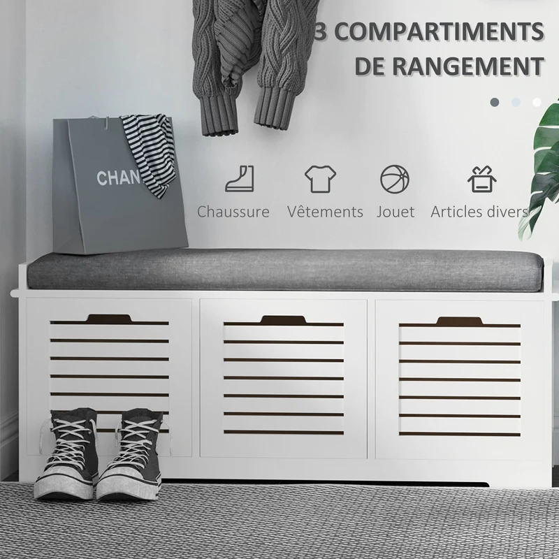 Banc à chaussures d'entrée 108 x 35 x 43 cm rangement 3 tiroirs assise rembourrée housse lavable scandinave en MDF blanc 21_0002613