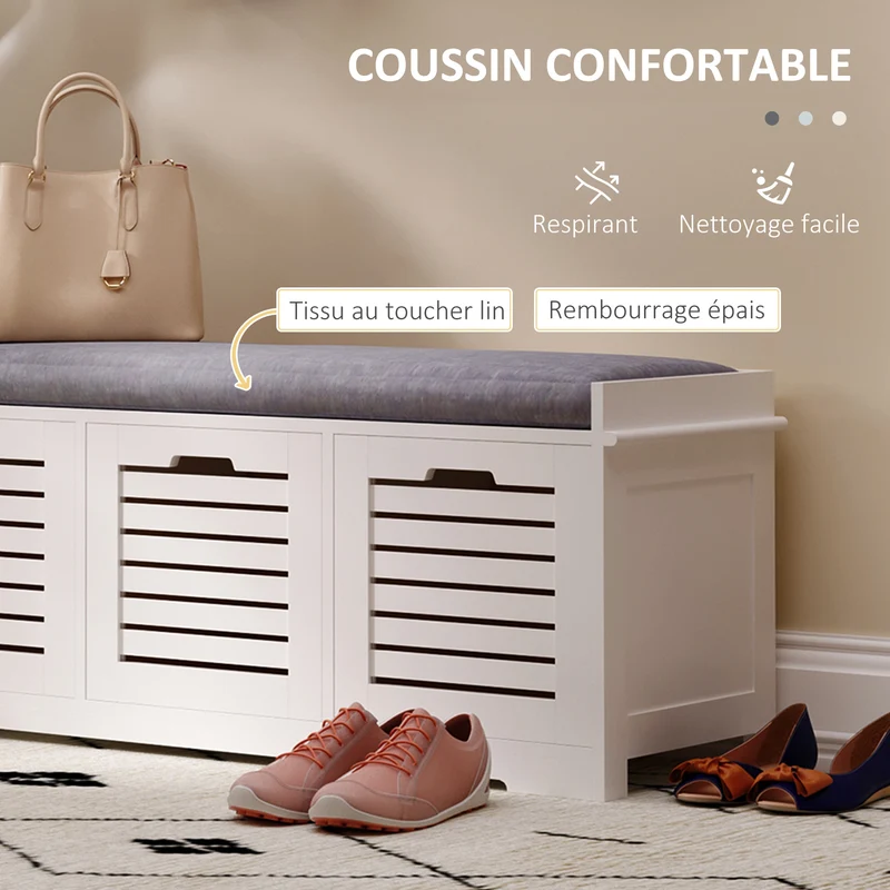 Banc à chaussures d'entrée 108 x 35 x 43 cm rangement 3 tiroirs assise rembourrée housse lavable scandinave en MDF blanc 21_0002613