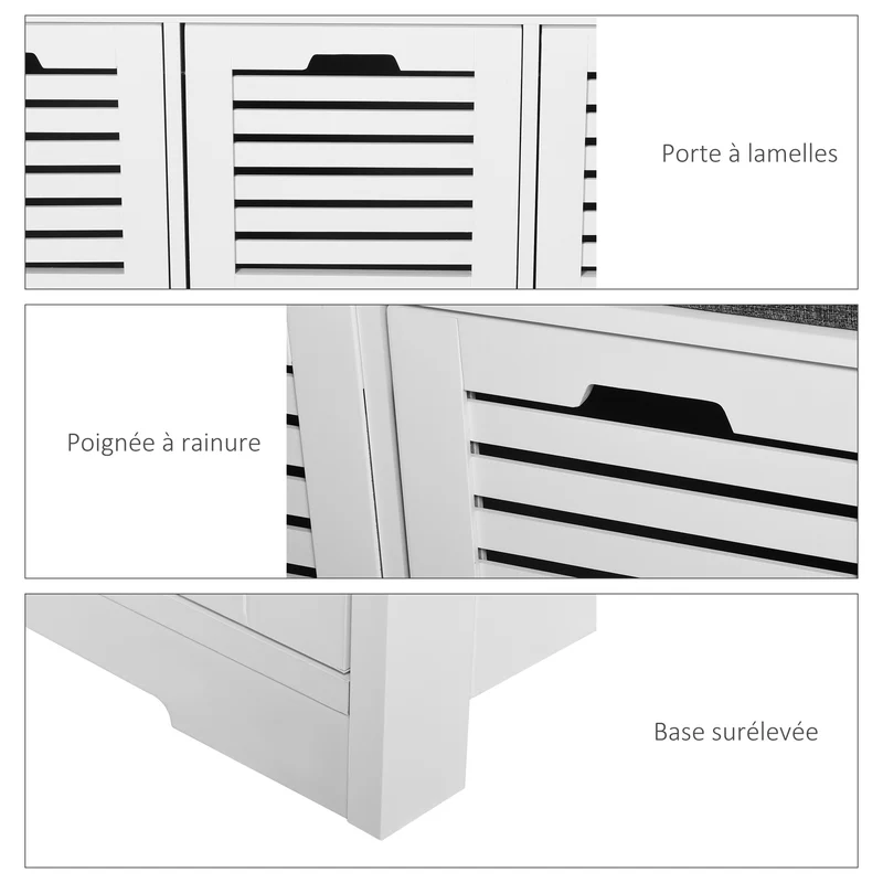 Banc à chaussures d'entrée 108 x 35 x 43 cm rangement 3 tiroirs assise rembourrée housse lavable scandinave en MDF blanc 21_0002613