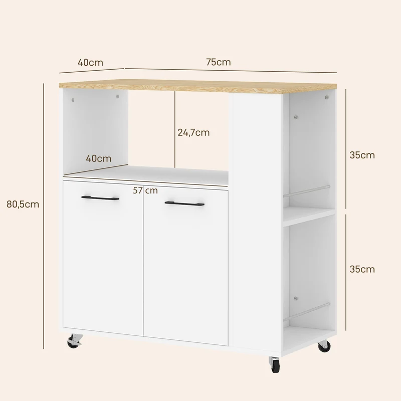 Desserte de cuisine îlot central 75 x 40 x 80,5 cm rangement modulable roulettes moderne en panneau de particules blanc 21_0001040