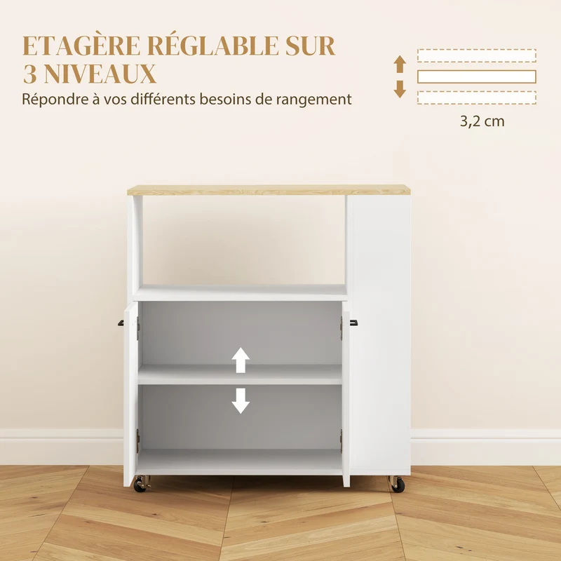 Desserte de cuisine îlot central 75 x 40 x 80,5 cm rangement modulable roulettes moderne en panneau de particules blanc 21_0001040