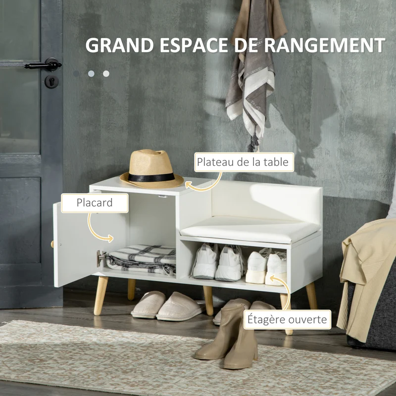 Banc à chaussures d'entrée 80 x 33 x 49 cm assise rembourrée rangement placard décoratif en panneau de particules blanc 21_0002644