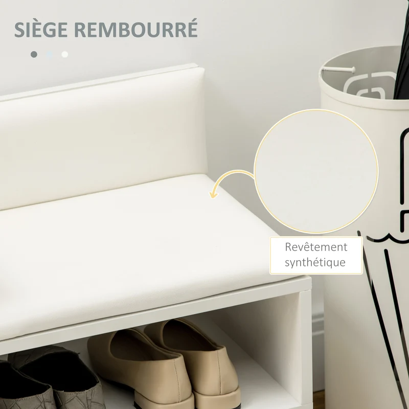Banc à chaussures d'entrée 80 x 33 x 49 cm assise rembourrée rangement placard décoratif en panneau de particules blanc 21_0002644