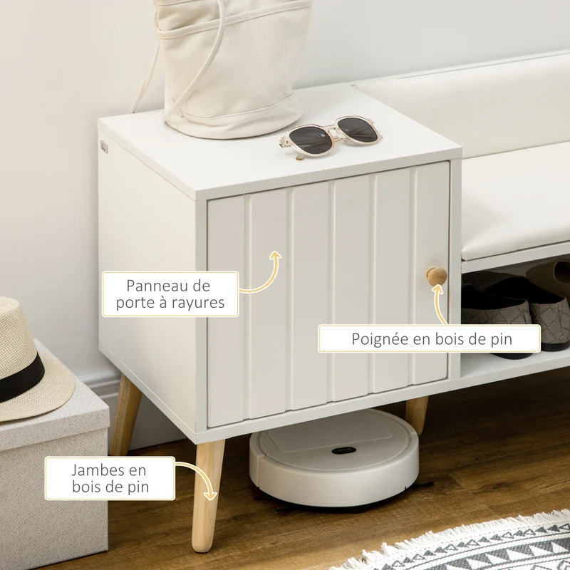 Banc à chaussures d'entrée 80 x 33 x 49 cm assise rembourrée rangement placard décoratif en panneau de particules blanc 21_0002644