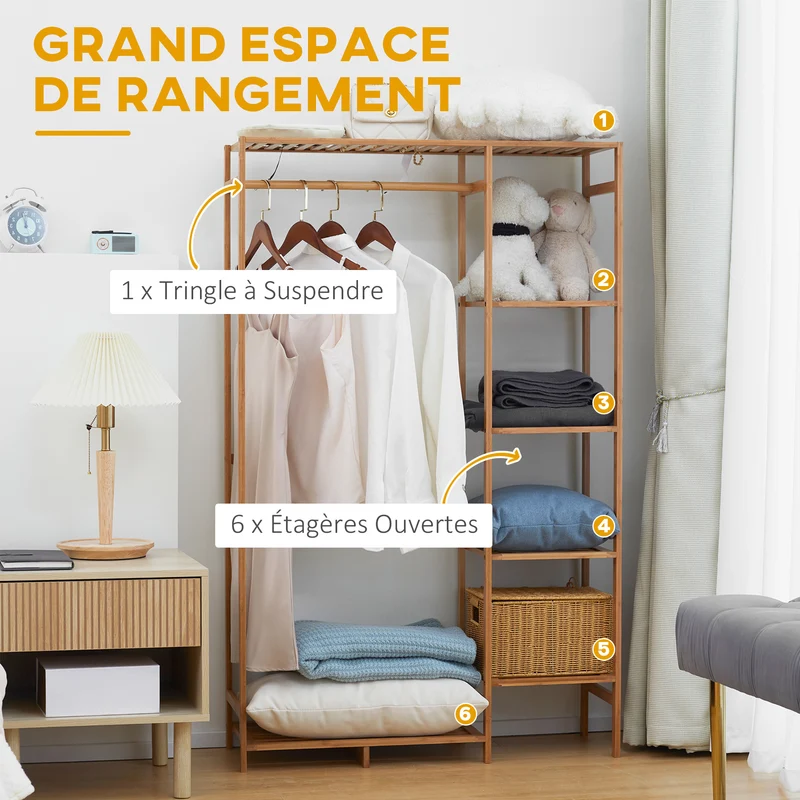 Portant à vêtements 90 x 30 x 145 cm 6 niveaux tringle chambre scandinave épuré finition mate en bambou bois naturel 21_0005835