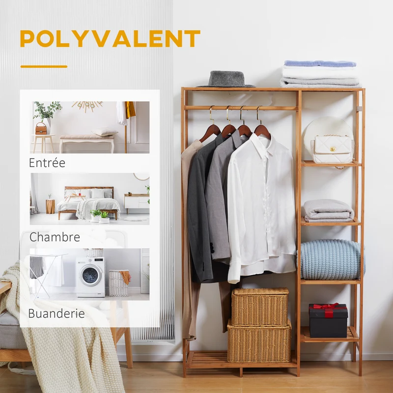 Portant à vêtements 90 x 30 x 145 cm 6 niveaux tringle chambre scandinave épuré finition mate en bambou bois naturel 21_0005835
