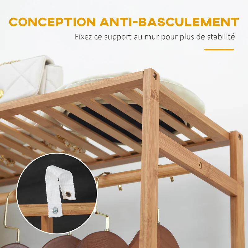 Portant à vêtements 90 x 30 x 145 cm 6 niveaux tringle chambre scandinave épuré finition mate en bambou bois naturel 21_0005835