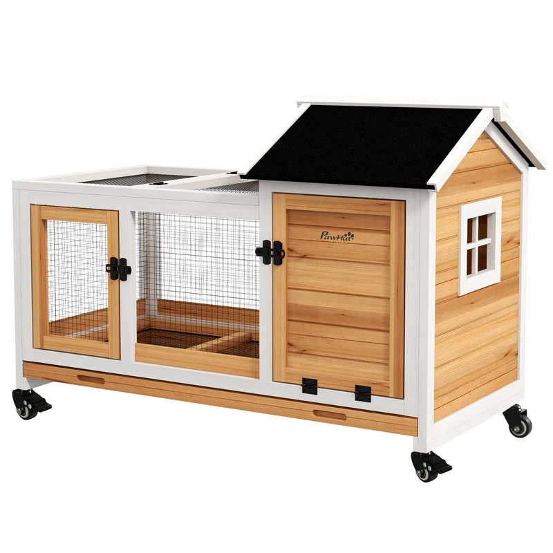 Clapier pour lapins 108 x 58 x 73,5 cm aire de jeu abritée tiroir coulissant rustique avec cottage abrité en bois jaune 21_0007953