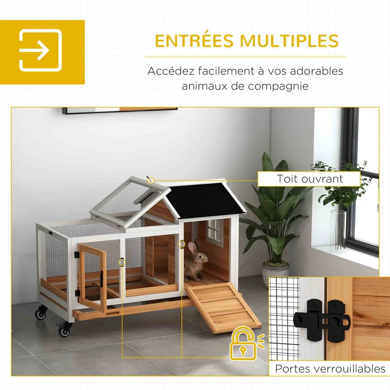 Clapier pour lapins 108 x 58 x 73,5 cm aire de jeu abritée tiroir coulissant rustique avec cottage abrité en bois jaune 21_0007953