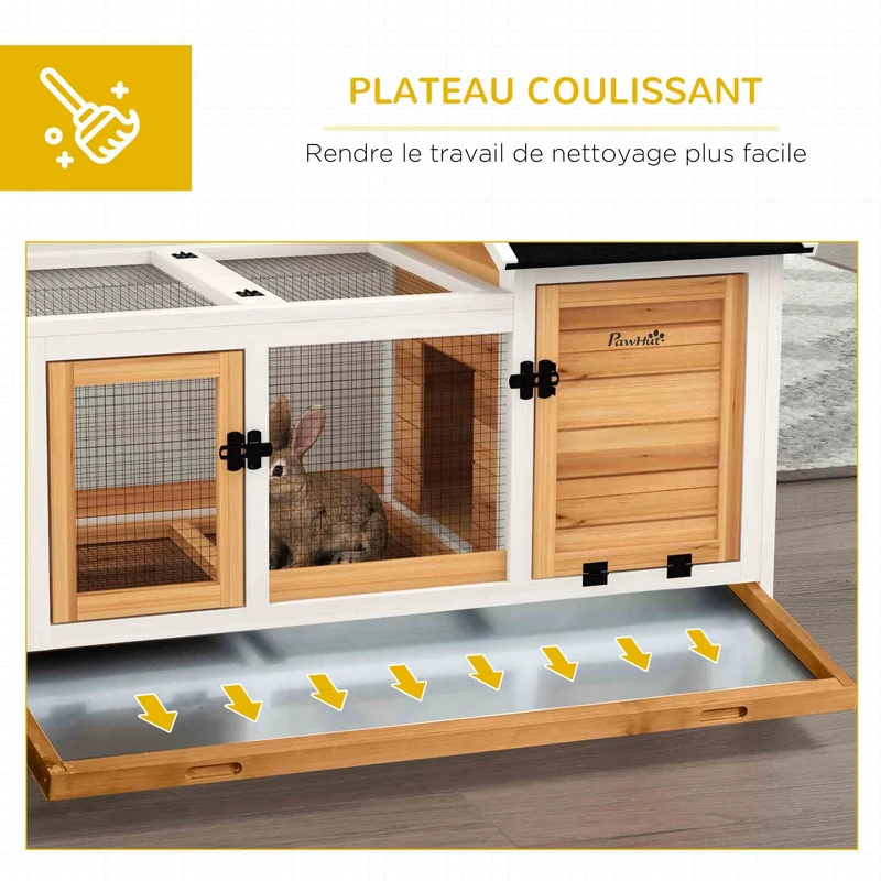 Clapier pour lapins 108 x 58 x 73,5 cm aire de jeu abritée tiroir coulissant rustique avec cottage abrité en bois jaune 21_0007953