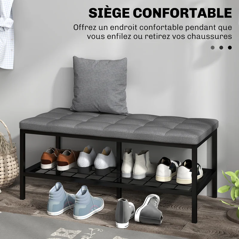 Banc à chaussures d'entrée couloir 90 x 41 x 40 cm assise rembourrée rangement aéré style scandinave en polyester gris 21_0002726