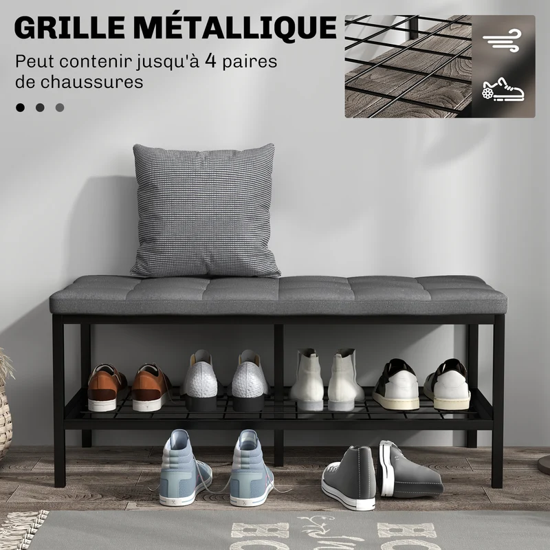 Banc à chaussures d'entrée couloir 90 x 41 x 40 cm assise rembourrée rangement aéré style scandinave en polyester gris 21_0002726