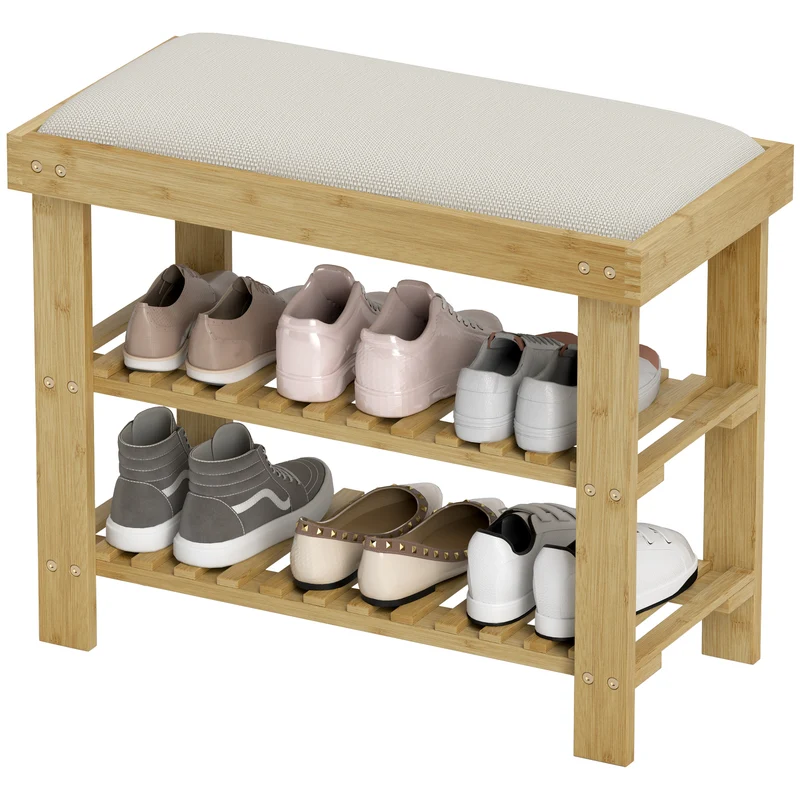 Banc à chaussures entrée assise rembourrée 60 x 29 x 49 cm rangement 2 niveaux style scandinave épuré en bambou crème 21_0002731