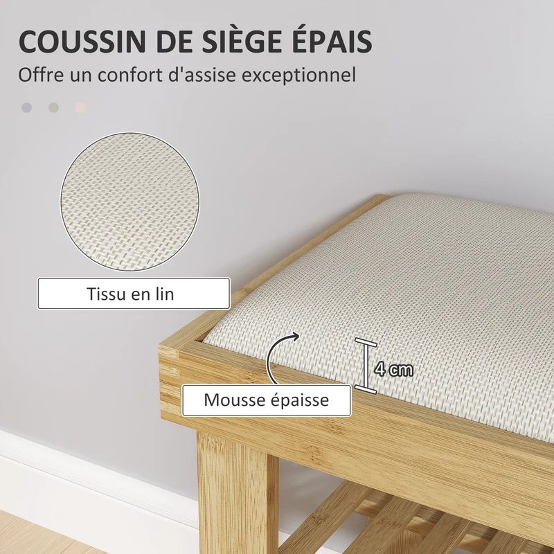 Banc à chaussures entrée assise rembourrée 60 x 29 x 49 cm rangement 2 niveaux style scandinave épuré en bambou crème 21_0002731