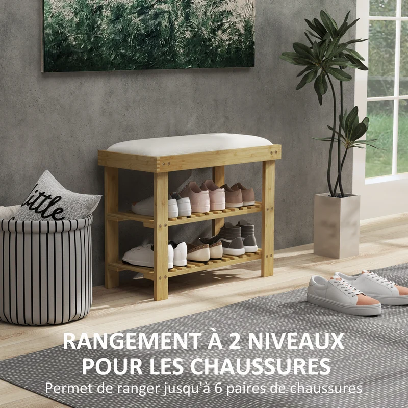 Banc à chaussures entrée assise rembourrée 60 x 29 x 49 cm rangement 2 niveaux style scandinave épuré en bambou crème 21_0002731
