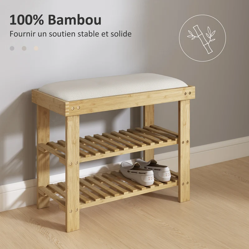 Banc à chaussures entrée assise rembourrée 60 x 29 x 49 cm rangement 2 niveaux style scandinave épuré en bambou crème 21_0002731
