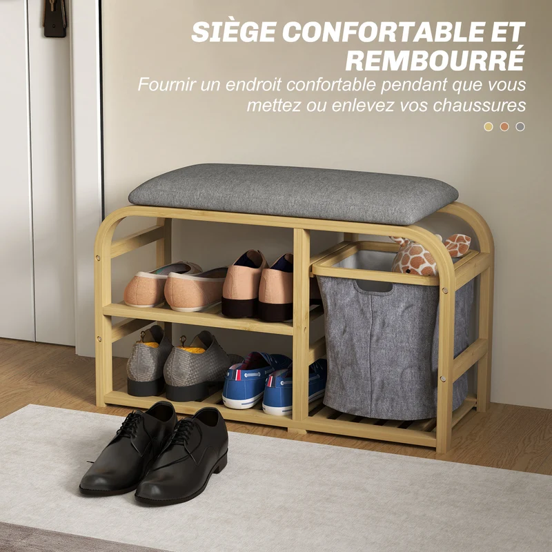 Banc à chaussures entrée 70 x 30 x 45 cm assise rembourrée rangement 4 paires panier coulissant moderne en bambou naturel 21_0002736