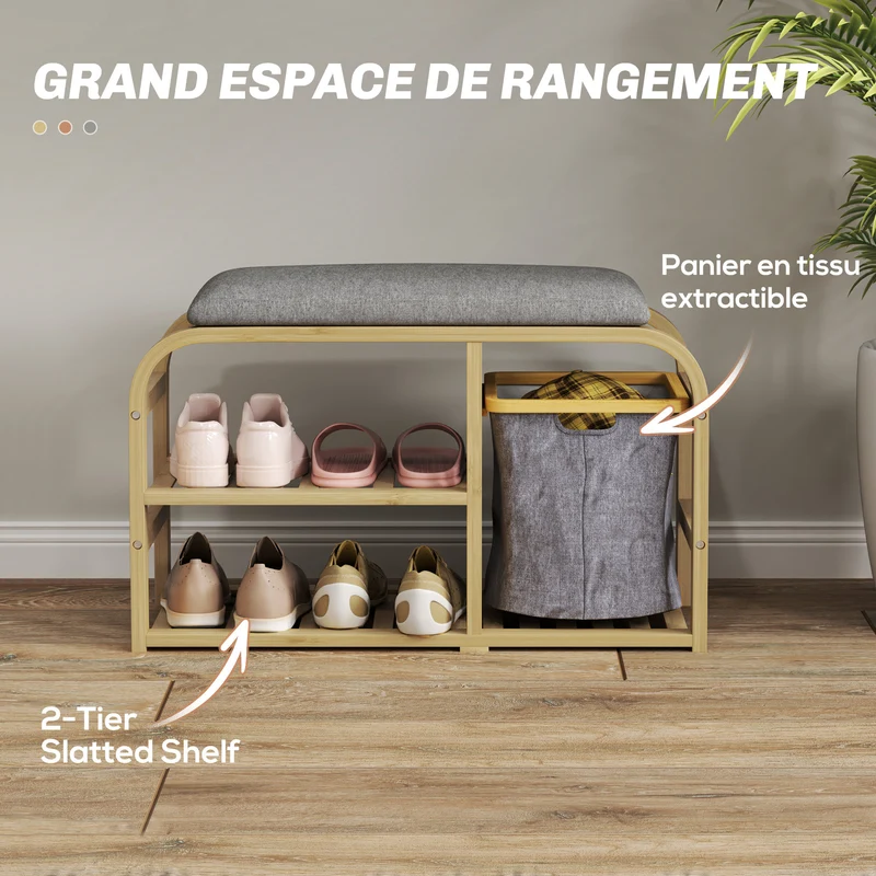 Banc à chaussures entrée 70 x 30 x 45 cm assise rembourrée rangement 4 paires panier coulissant moderne en bambou naturel 21_0002736