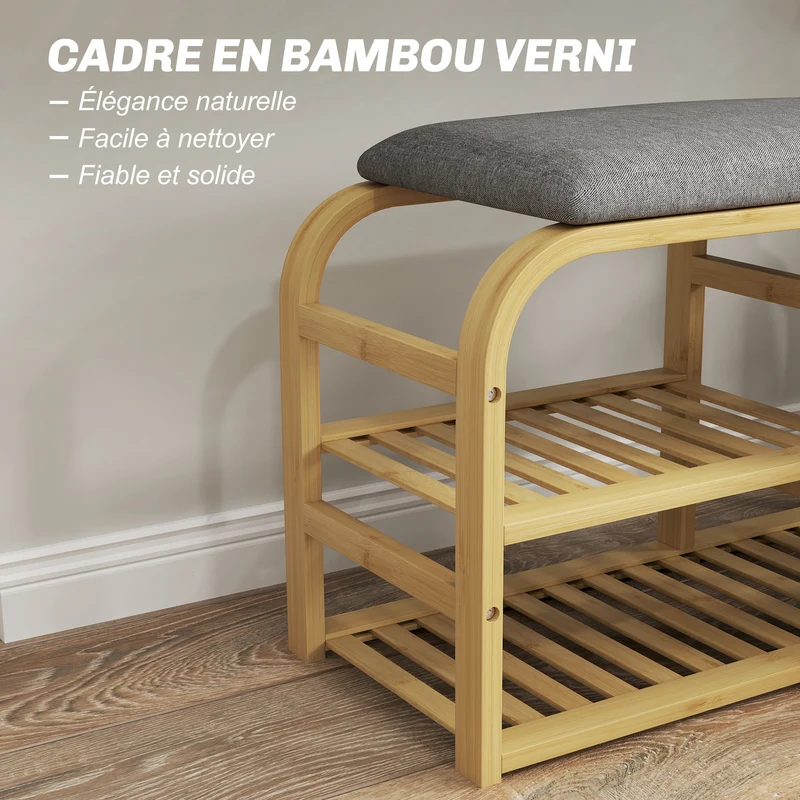 Banc à chaussures entrée 70 x 30 x 45 cm assise rembourrée rangement 4 paires panier coulissant moderne en bambou naturel 21_0002736