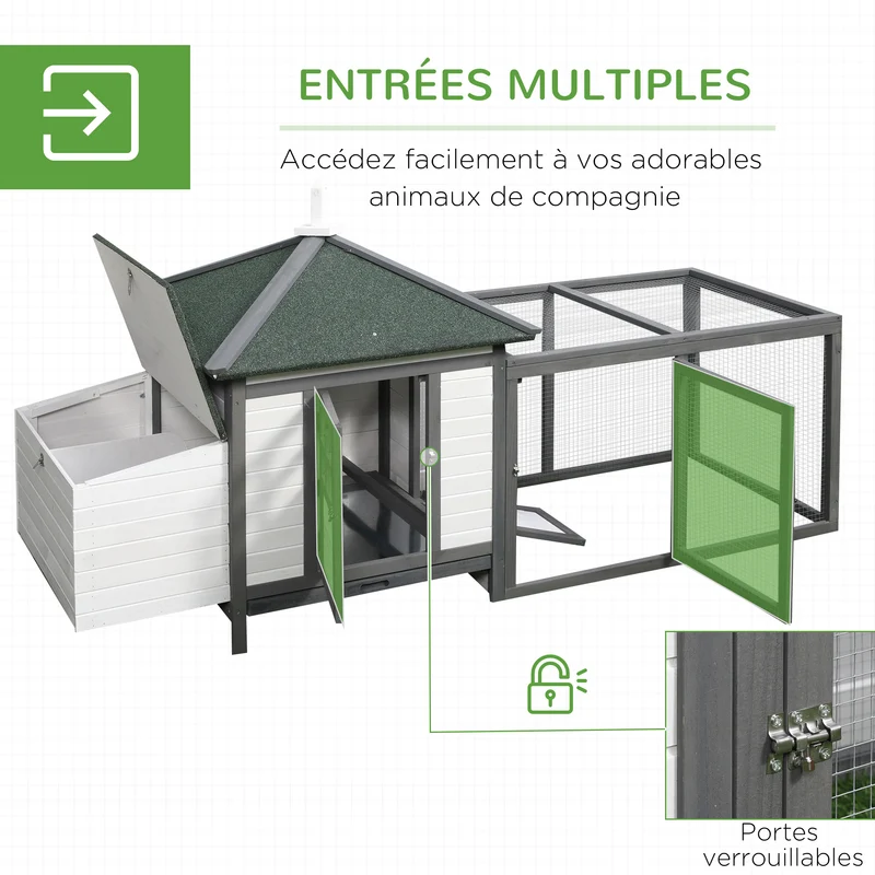 Poulailler maisonnette extérieur 196 x 76 x 97 cm pondoir double tiroir à déjection rustique contemporain en bois gris 21_0007874
