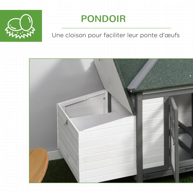 Poulailler maisonnette extérieur 196 x 76 x 97 cm pondoir double tiroir à déjection rustique contemporain en bois gris 21_0007874