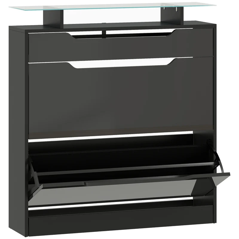 Armoire à chaussures entrée 89 x 23 x 96 cm gain de place sécurité anti-basculement contemporain et épuré en MDF noir 21_0002627