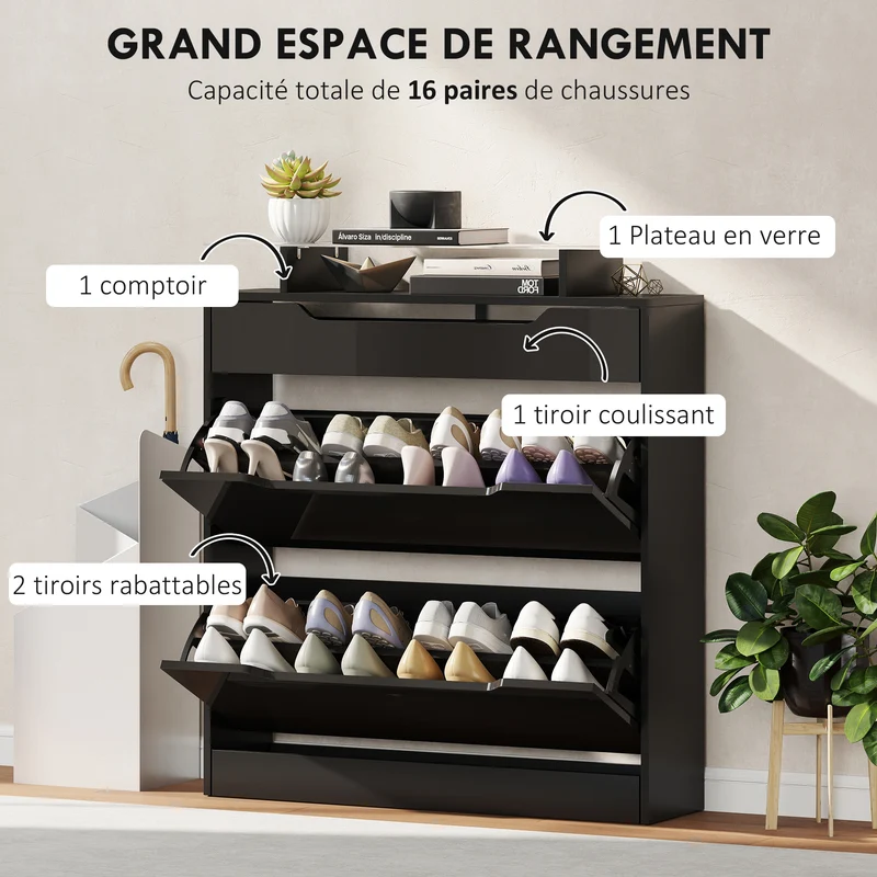Armoire à chaussures entrée 89 x 23 x 96 cm gain de place sécurité anti-basculement contemporain et épuré en MDF noir 21_0002627