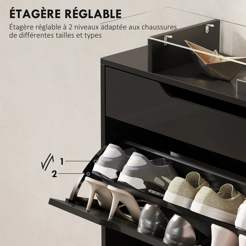 Armoire à chaussures entrée 89 x 23 x 96 cm gain de place sécurité anti-basculement contemporain et épuré en MDF noir 21_0002627