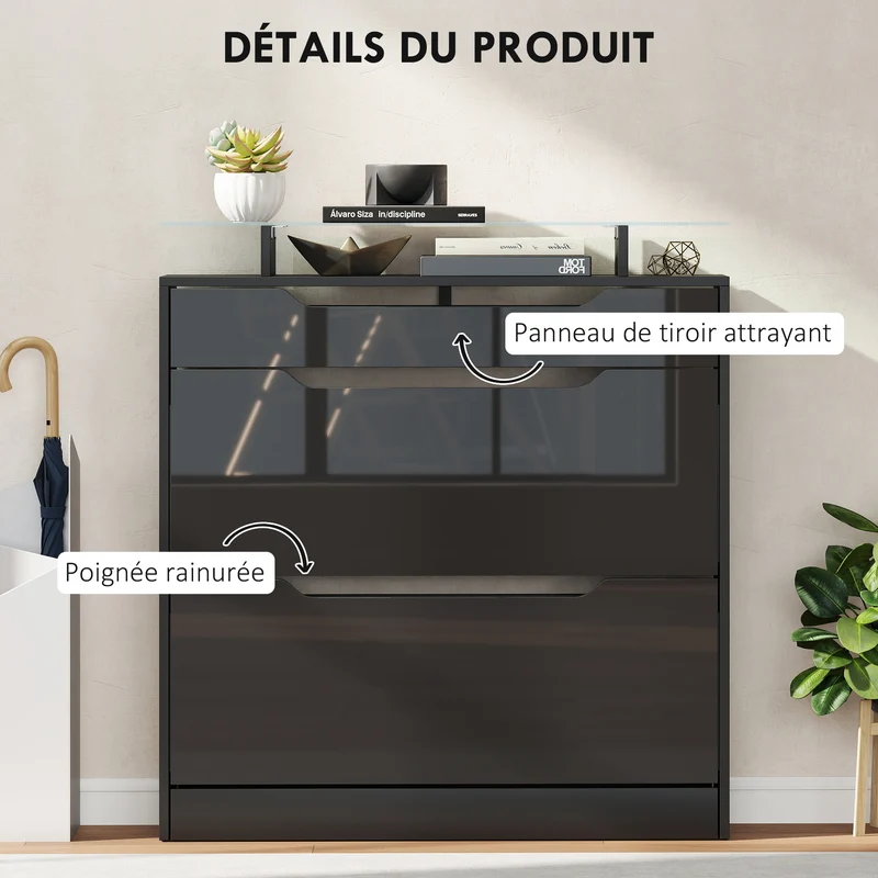 Armoire à chaussures entrée 89 x 23 x 96 cm gain de place sécurité anti-basculement contemporain et épuré en MDF noir 21_0002627