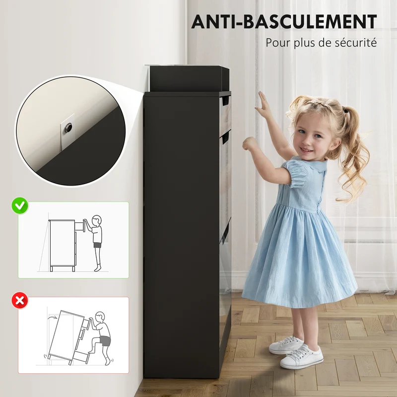 Armoire à chaussures entrée 89 x 23 x 96 cm gain de place sécurité anti-basculement contemporain et épuré en MDF noir 21_0002627