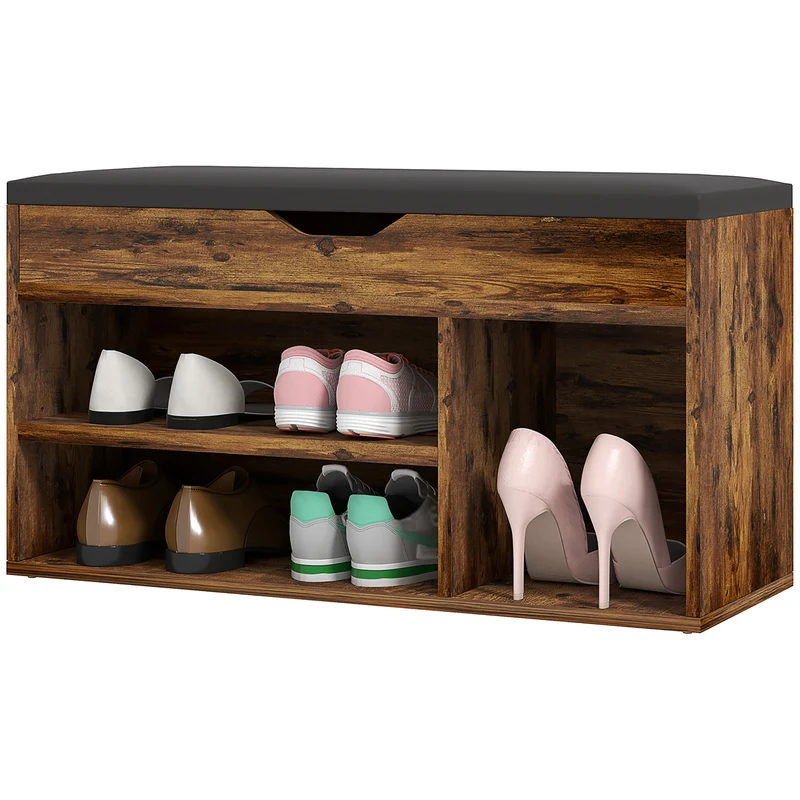 Banc à chaussures coffre 80 x 30 x 43 cm coussin rangements compacts contemporain entrée en bois d'ingénierie acajou 21_0002589