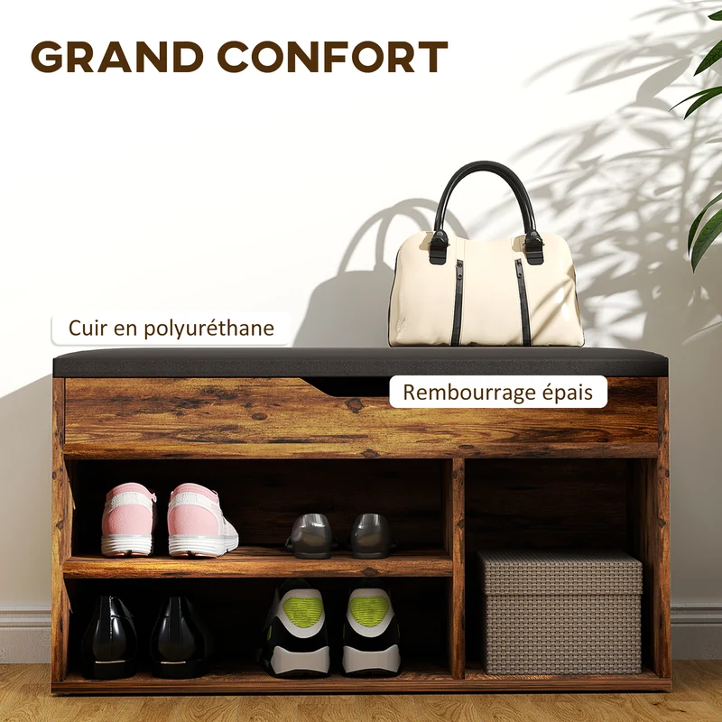 Banc à chaussures coffre 80 x 30 x 43 cm coussin rangements compacts contemporain entrée en bois d'ingénierie acajou 21_0002589