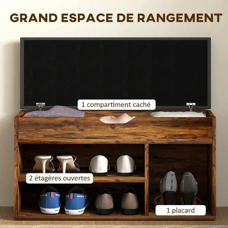 Banc à chaussures coffre 80 x 30 x 43 cm coussin rangements compacts contemporain entrée en bois d'ingénierie acajou 21_0002589