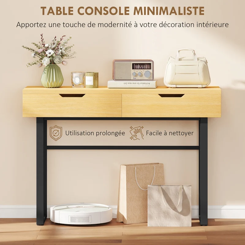 Console d'entrée étroite 110 x 35 x 76,5 cm 2 tiroirs de rangement kit anti basculement moderne épuré en bois naturel 21_0002797