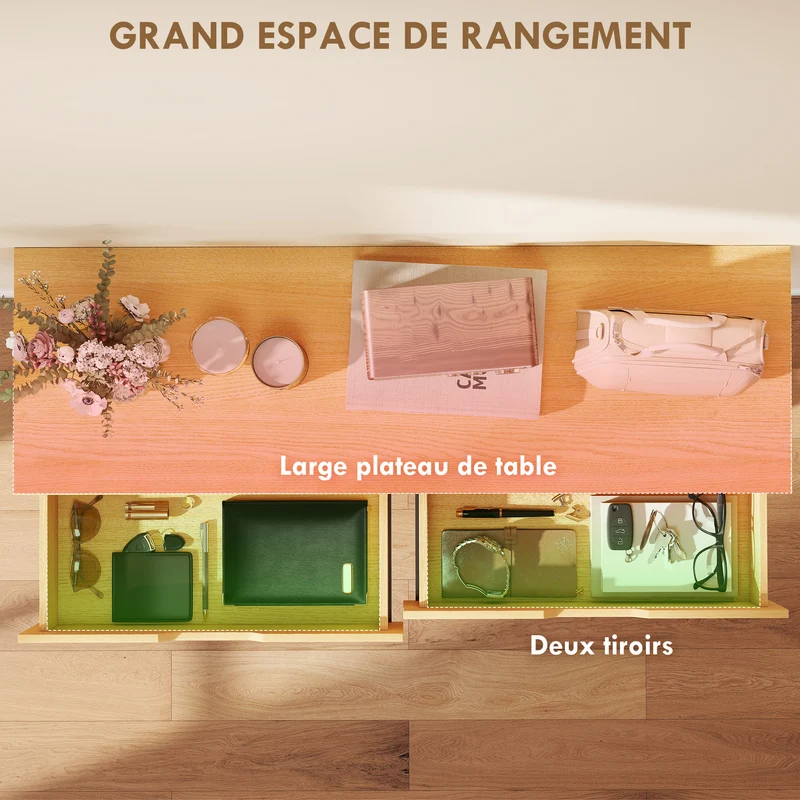 Console d'entrée étroite 110 x 35 x 76,5 cm 2 tiroirs de rangement kit anti basculement moderne épuré en bois naturel 21_0002797